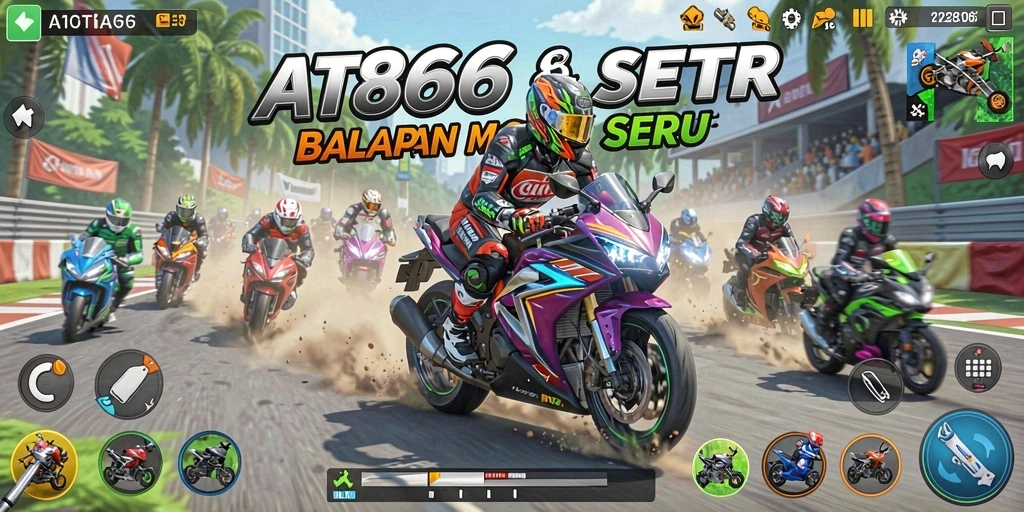 Screenshot gameplay AT866 menampilkan aksi balapan motor yang mendebarkan.