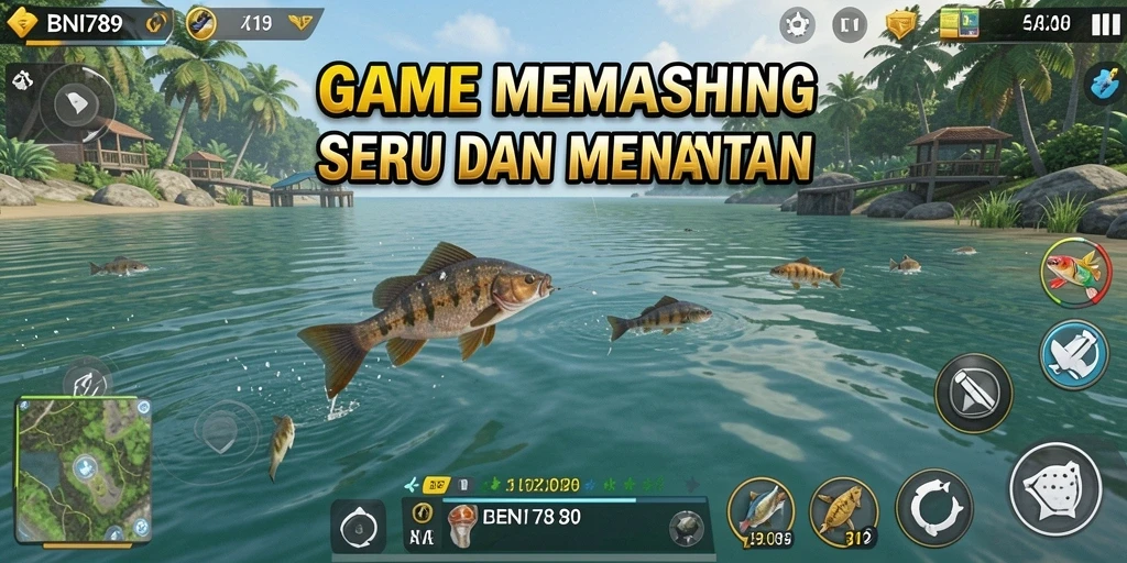 Screenshot BNI789 menunjukkan pemain menangkap ikan besar di laut.