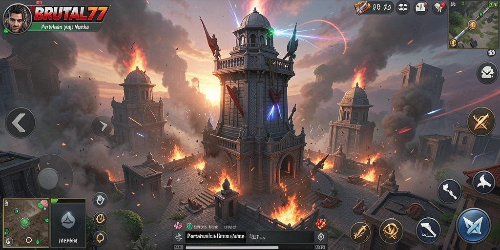 Screenshot gameplay BRUTAL77 menunjukkan aksi pertahanan menara yang mendebarkan.