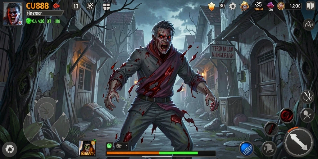 Screenshot gameplay CU888 menampilkan suasana mencekam dan aksi menegangkan.