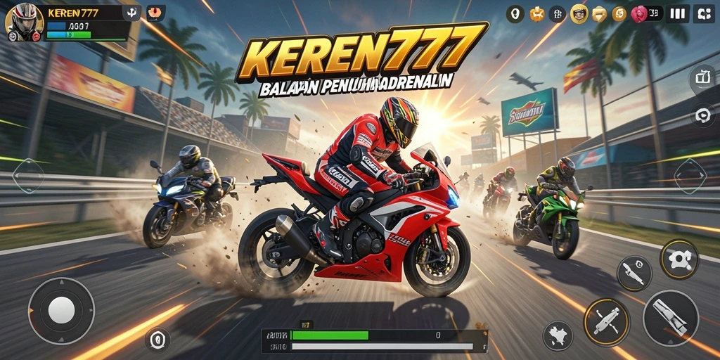 Screenshot gameplay KEREN777 menampilkan balapan motor yang mendebarkan.
