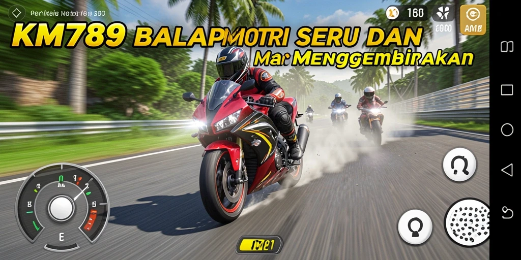 Screenshot gameplay KM789 yang menunjukkan aksi balap motor yang mendebarkan.