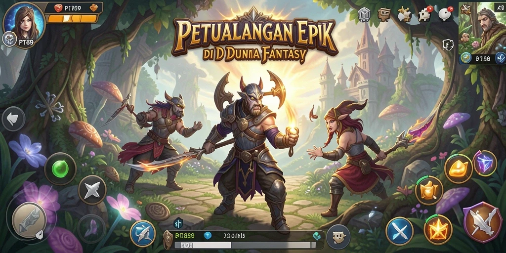 Layar permainan utama PT89 menunjukkan pertarungan seru di dunia fantasi.