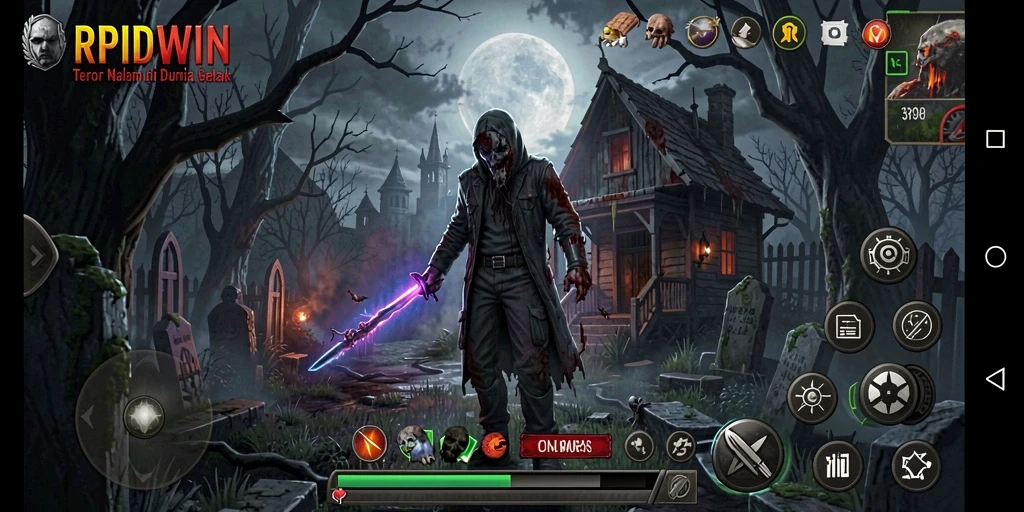 Tangkapan layar gameplay RPIDWIN menampilkan suasana horor yang mencekam.