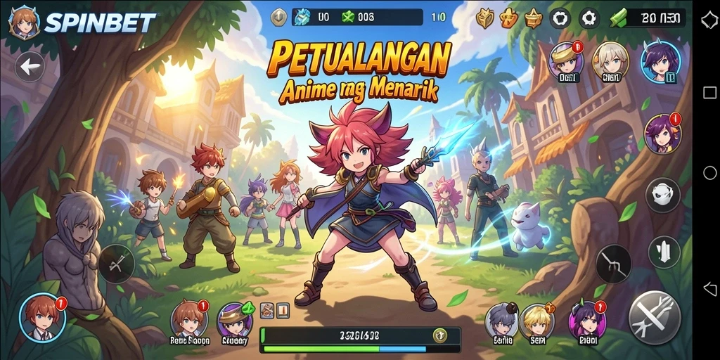 Tampilan gameplay SPINBET dengan karakter anime yang beraksi.