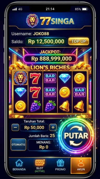 Tampilan awal aplikasi 77singa dengan berbagai kategori.